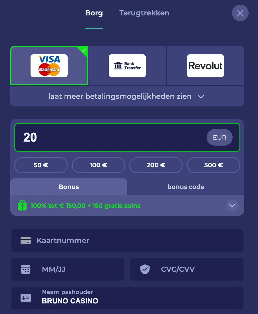 Bruno Casino Stortingsmethoden
